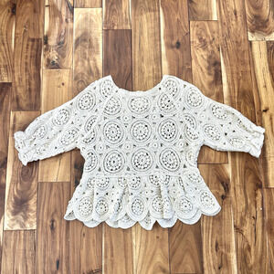 Crochet Top Peplum Ruffle Boho Cottage Romantic feminine Womens Sz M by Solitare